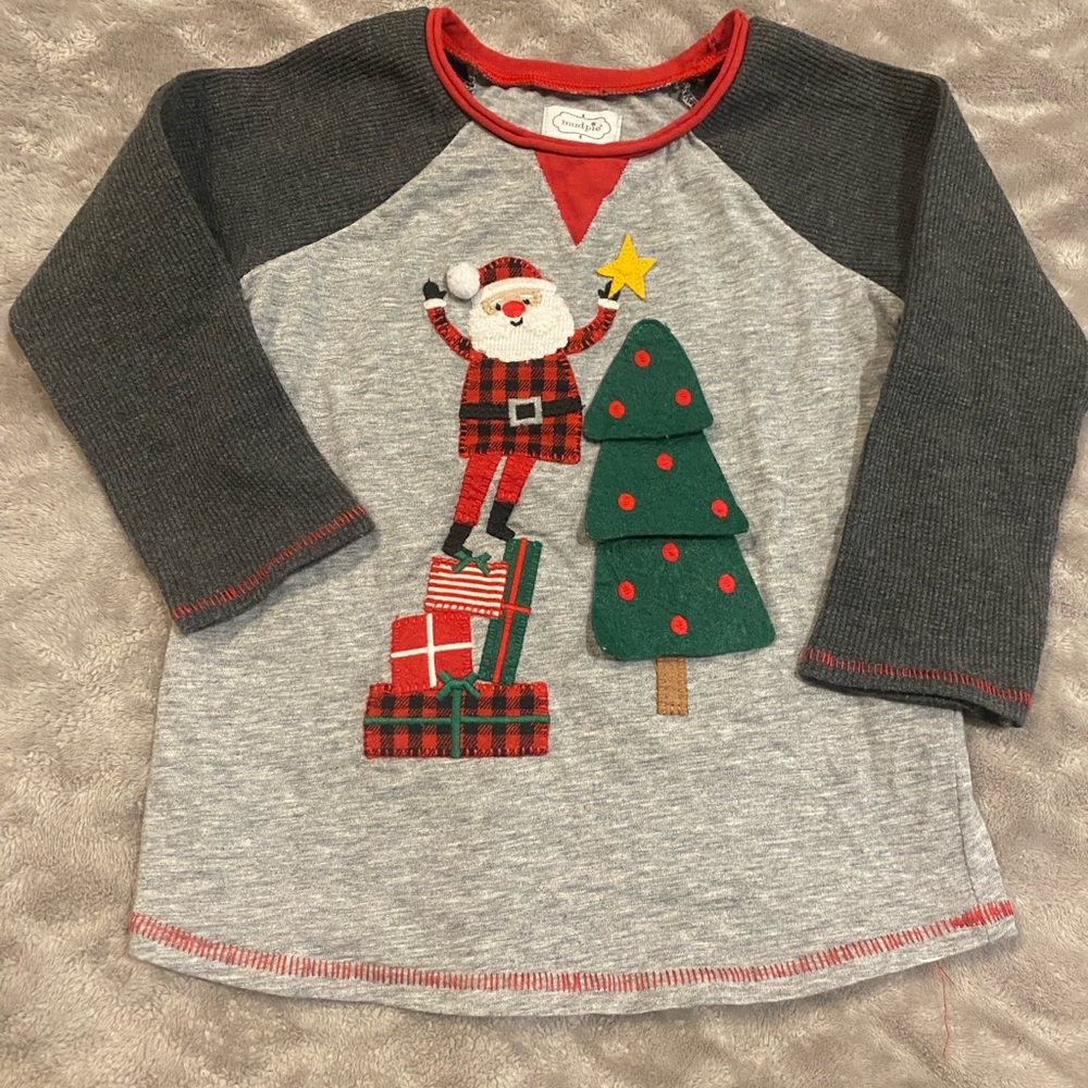 Mud Pie Santa and Tree Kids Long Sleeve Shirt - Gray and Red